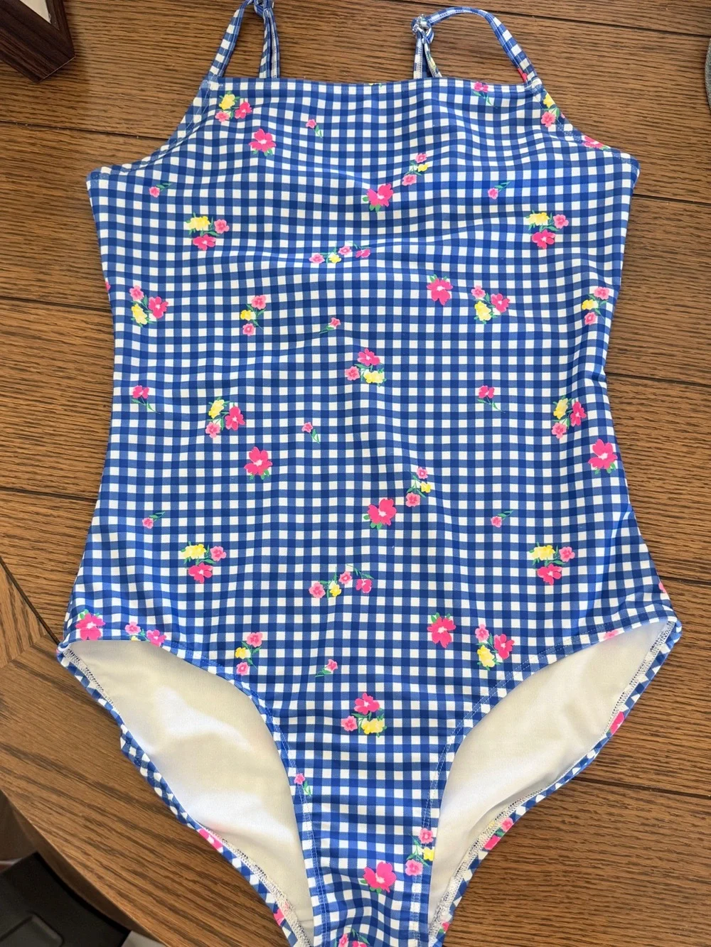 Old Navy Blue Gingham One-Piece Swimsuit with Pink & Yellow Floral Accents